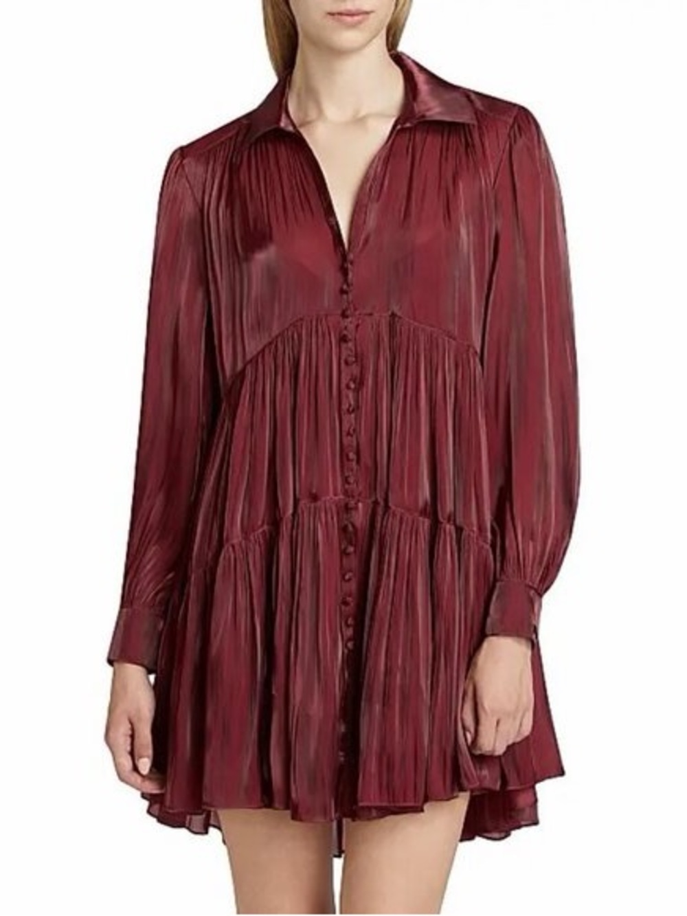 Cinq à Sept Lily Shimmery Burgundy Long-Sleeve Tiered Mini Shirtdress